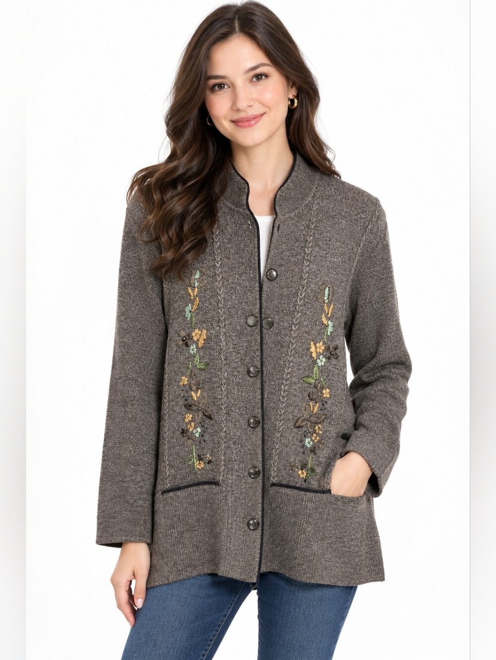 VTG NWT Saville Collection Floral Embroidered Wool Blend Cardigan Olive Brown M